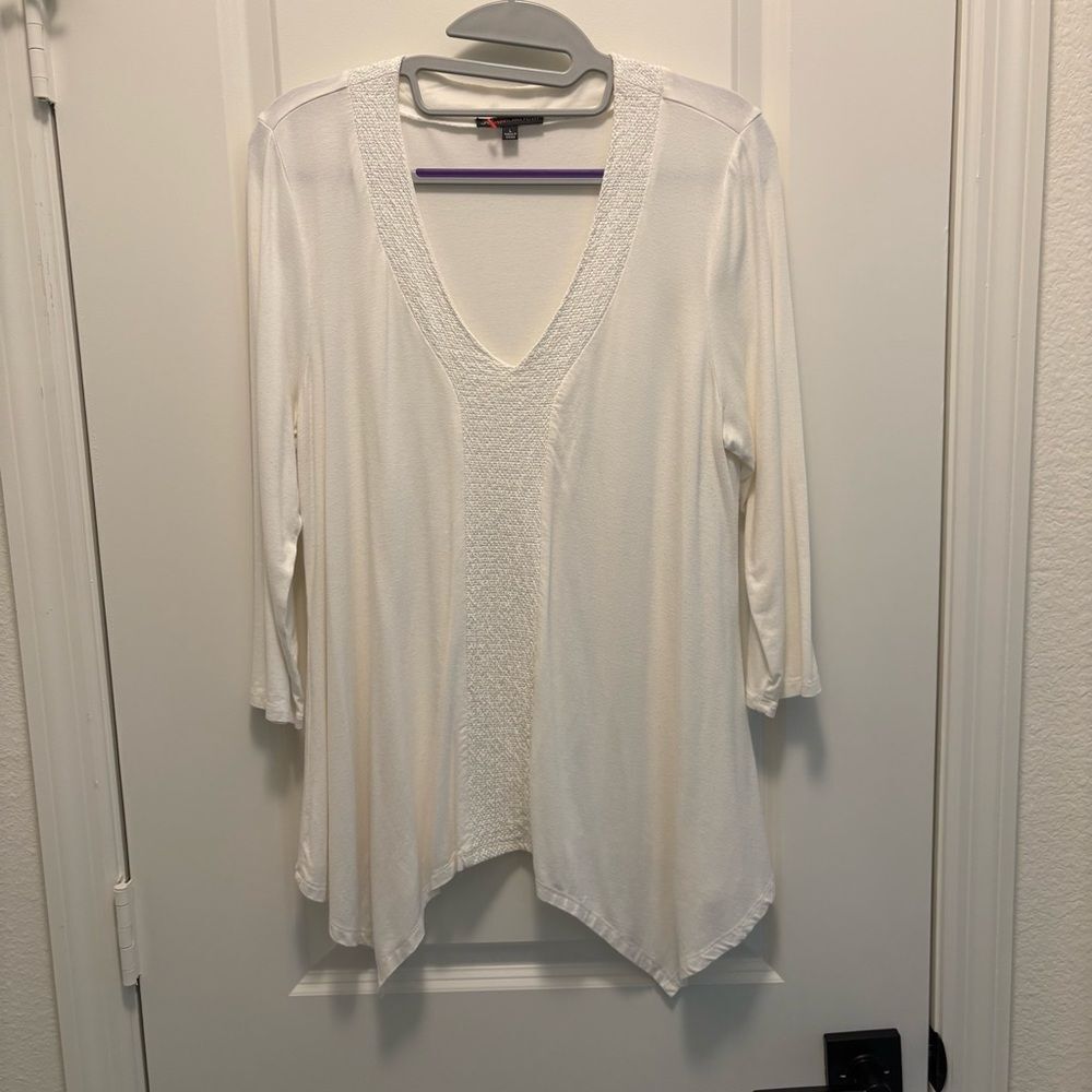 Adrianna Papell White Waterfall Front Tunic Embroidered Inlay Size Large EUC - Picture 2 of 10